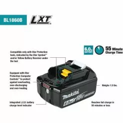 Makita® LXT® Power Tool Battery, 6.0Ah, Lithium-Ion, 18V, 55 Min Charge Time